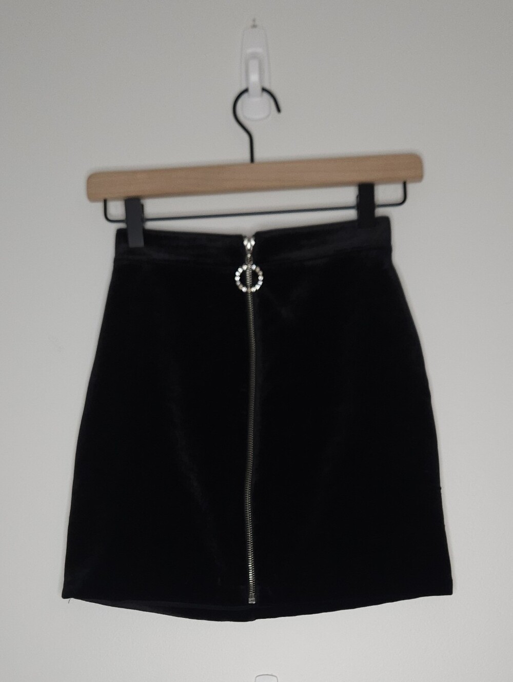 H&M Black Velvet Mini Skirt with Rhinestone Ring Zip